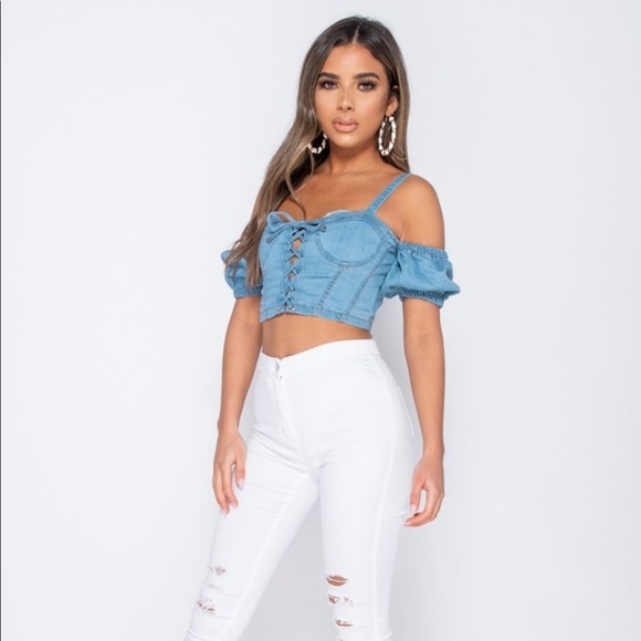 Parisian Denim Corset Cold Shoulder Bustier top - Picture 13 of 17